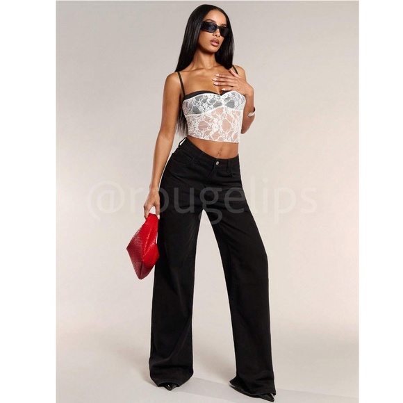 White Lace on Black Bra Crop Bustier Top Sheer - Picture 6 of 8